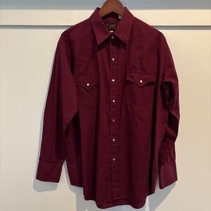 Plains‎ Western Wear Men Large Maroon Long Sleeve Pearl Snap Front Cowboy